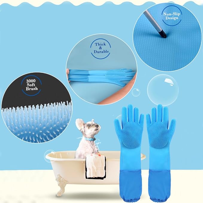 Pet Grooming Gloves Pet Hair Remover Cat, Dog Washing Gloves Silicone Heat Resistant Cleaning Gloves with High-Density Teeth Grooming Gloves for Dogs, Cats, Horses, Rabbits (1 Pair - Blue)