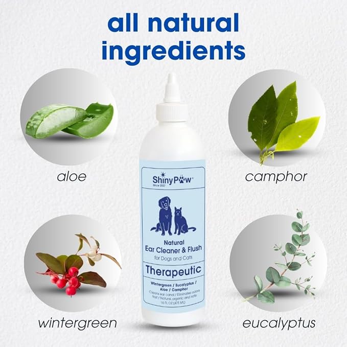 Dog Ear Cleaner Solution for Dogs & Cats by Shiny Paw 16 oz | Wintergreen, Camphor & Aloe – Gentle Ear Flush for Pets Health | Dog Ear Wash | Made in The USA