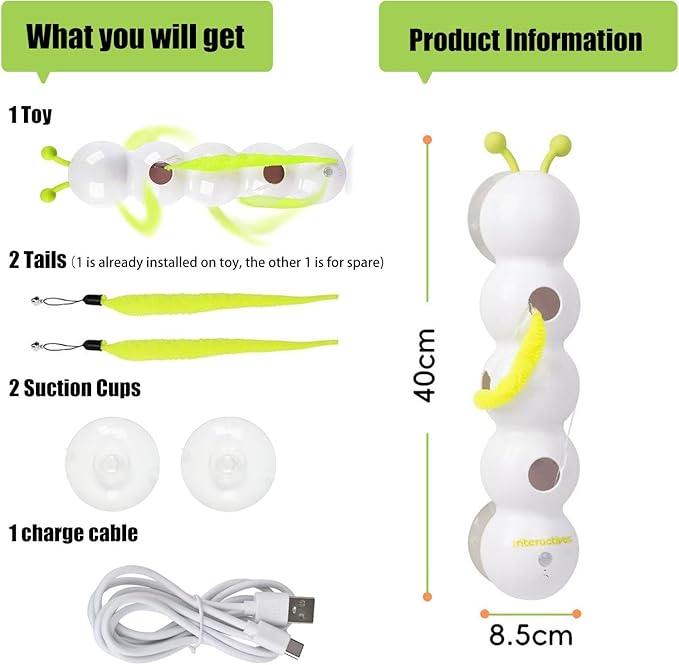 Whirlie Cat Toy – Smart Motion Interactive Cat Toy with Worm Design for Indoor Cats Automatic Cat Toys Tail for Hunting, Jumping, and Interactive Play Mount on Wall, Window