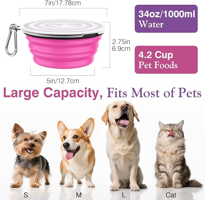 Pawaboo Collapsible Dog Bowls 2 Pack, Silicone Feeding Watering Bowls with Lids & Carabiners for Dogs Cats, Portable Water Feeder Food Bowl for Walking Traveling Home Use, Pink + Purple