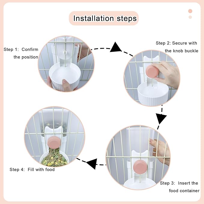 Hanging Automatic Pet Feeder Water Dispenser Set, 35oz Rabbit Food Bowl Water Bottle Cage-Mounted Gravity Hanging Feeder for Small Pets Rabbits Ferrets Cats Dogs Guinea Pigs (Pink)