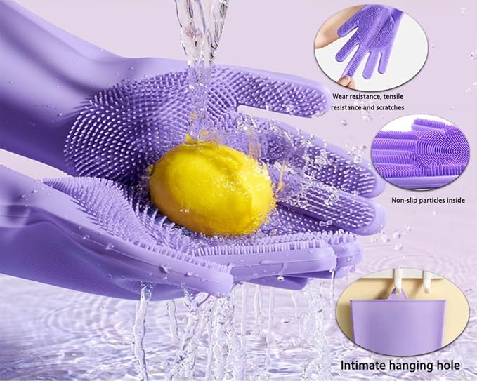 2 pairs Silicone Dishwashing & Pet Grooming Gloves - 2-in-1 Heat Resistant Gloves with High-Density Teeth, Enhanced Five Finger Design for Bathing, Cleaning Dishes, Cars, Dogs & Cats(Purple)