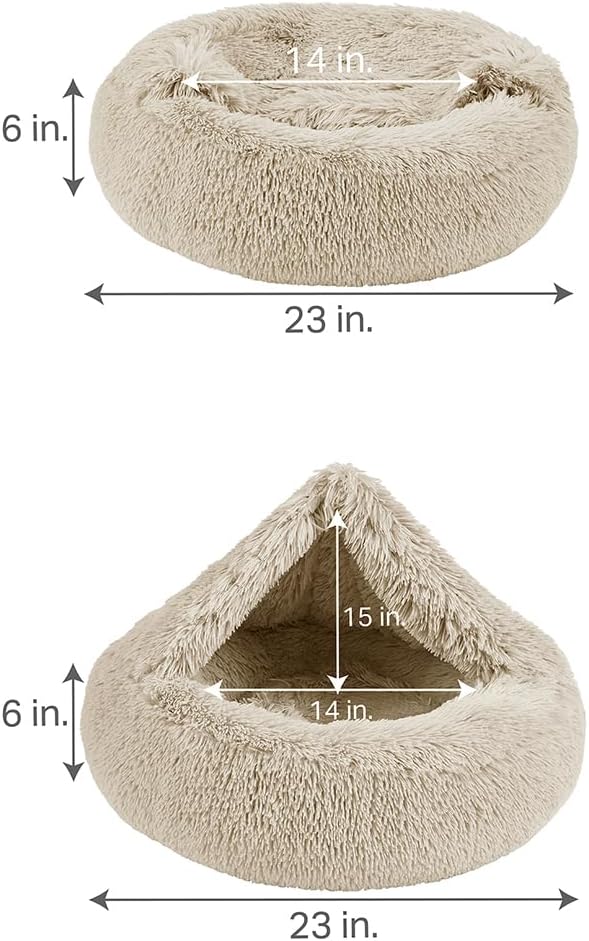 Friends Forever Luna Donut Cat Bed Cave, Soft Faux Fur Hooded Blanket Dog Couch For Indoor Pet, Fluffy Calming Plush Shag, Cozy Round Cushion, Machine Washable Cuddler, Self Warming, Tan, Small (23"x23"x6")