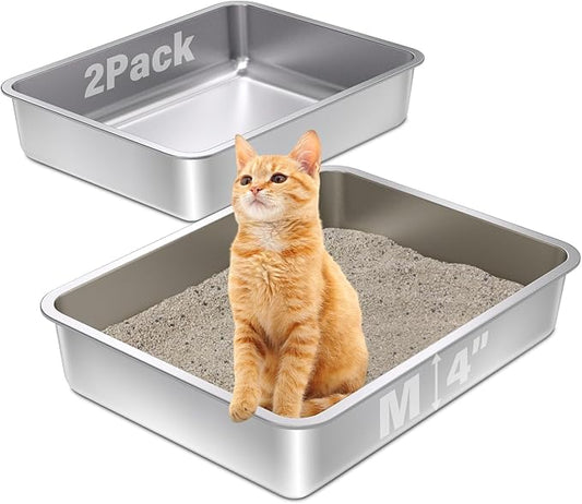Stainless Steel Litter Box 2 Pack- 17.7" L x 13.77" W x 4" H Metal Cat Litter Box,Non Stick, No Smell,Easy to Clean,Metal Litterbox for Kitten,Elderly Cats,Bunny