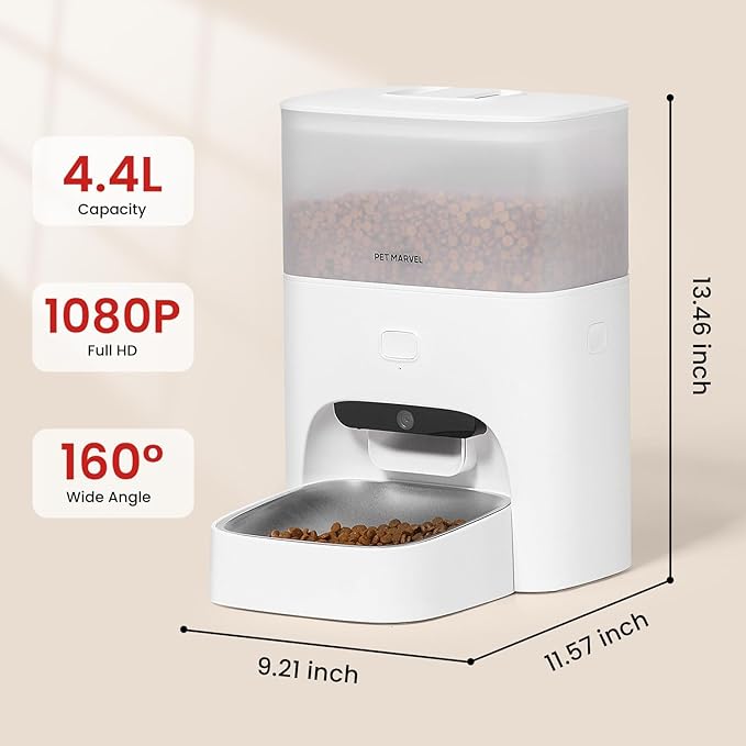 PETMARVEL Automatic Cat Feeder with Camera, 1080P HD Video with Night Vision, 2.4G WiFi Cat Dog Feeder with 2-Way Audio, Smart App Control Pet Dry Food Dispenser 4.4L for Cats and Dogs