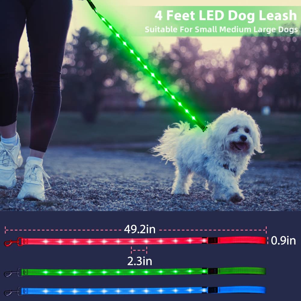 Candofly Light Up Dog Leash, Reachargeable Pet Leash with Light, 4 Ft Glowing Dog Rope Lead for Night Walking (Green)