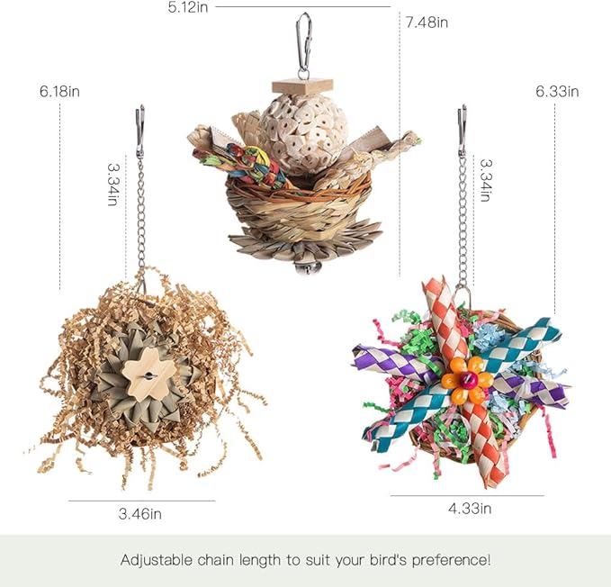 Handwoven Natural Parrot Chew Toys for Small Birds Organic Fiber Foraging Toys with Hanging Chain Cockatiel Budgie Conure Cage Accessories