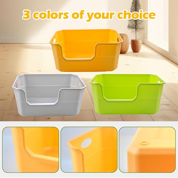 Large Low Entry Litter Box with High Sides,Plastic Cat Litter Pan Open Top Anti-Splashing Kitten Litter Box,Yellow Low Entrance Cat Toilet Easy to Clean