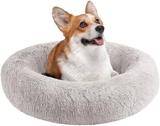Friends Forever Serena Donut Memory Foam Orthopedic Dog Bed, Soft Faux Fur Oval Cat Couch For Indoor Pet, Fluffy Calming Plush Shag, Round Raised Bolster Cushion, Machine Washable Cuddler, Grey