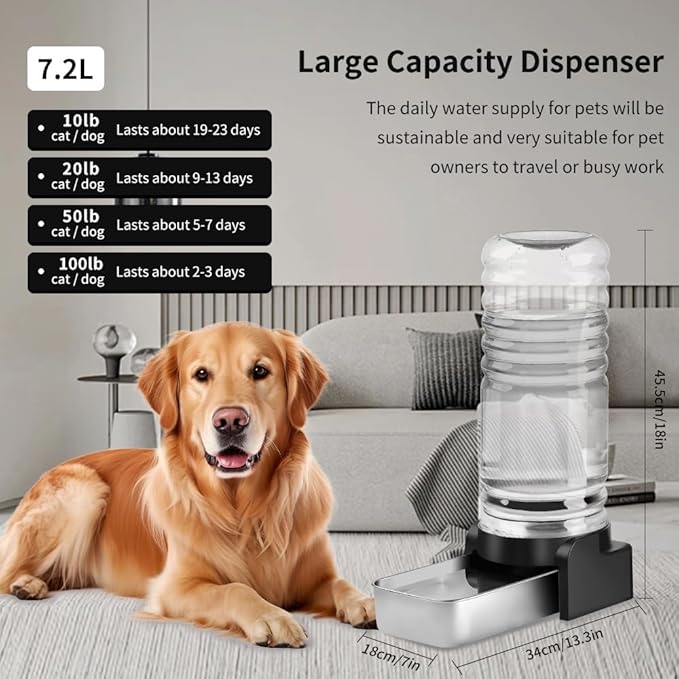 Marchul 1.9 Gallon Dog Water Dispenser, Automatic Dog Water Dispenser with Placemat and Stainless Steel Bowl, Large Gravity Pet Bowl for Dogs Medium to Large (3 Filters) 7.2L