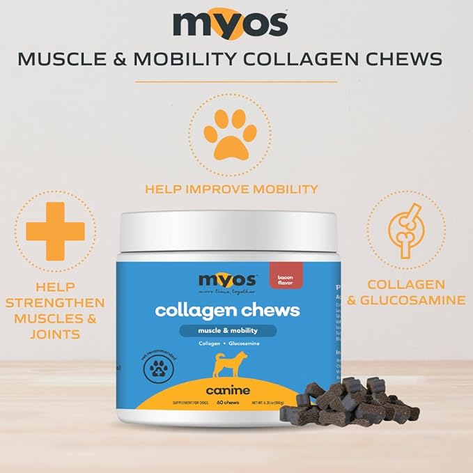 MYOS Canine Muscle & Mobility Chews – Collagen & Glucosamine for Dogs - Bacon Flavor Joint Supplement for Muscle, Bone & Joint Support, 60 Count