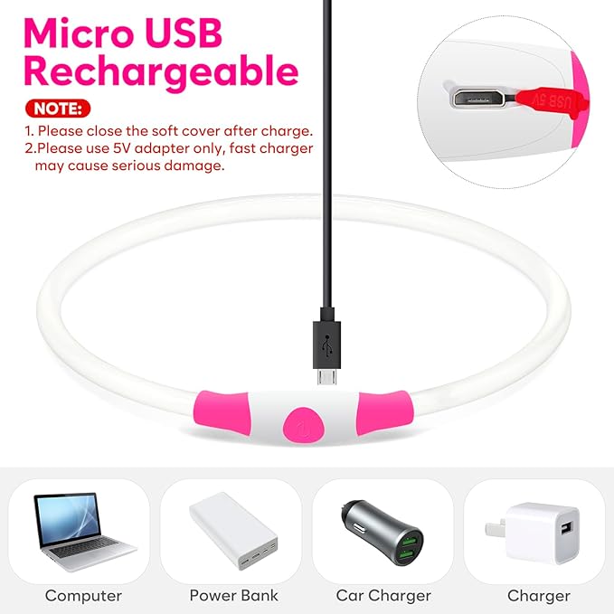 HIGO LED Dog Collar, USB Rechargeable Light Up Dog Collars Glow in The Dark, Waterproof LED Dog Necklace for Your Dogs Walking at Night (Pink)