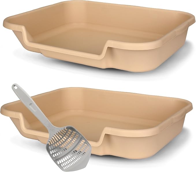 KittyGoHere Senior Cat Litter Box 2 Pack, Large Beach Sand Low Entrance Kitty Litter Box, Sized for Cats Comfort, Perfect for Senior and Arthritic Cats, Made in USA – Includes Long-Handle Jumbo Scoop