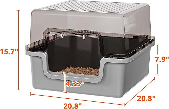 Oneluck Large Covered Cat Litter Box with Scoop and Transparent Lid, Non-Stick, Durable, Easy-Clean Pan for Multi-Cat Households,XL,Gray