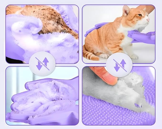 1 pairs Silicone Dishwashing & Pet Grooming Gloves - 2-in-1 Heat Resistant Gloves with High-Density Teeth, Enhanced Five Finger Design for Bathing, Cleaning Dishes, Cars, Dogs & Cats(Purple)