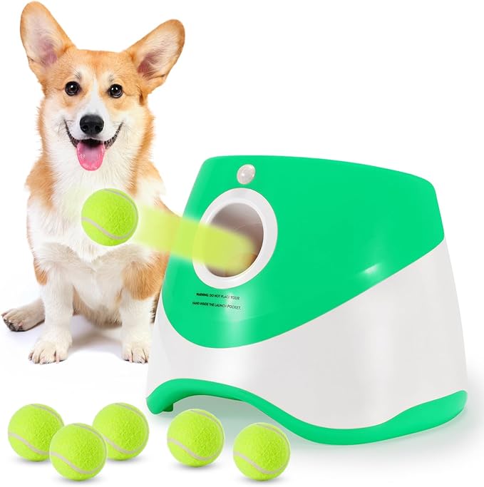 Automatic Ball Launcher for Dogs - Interactive with 6 Mini Tennis Balls (Green)