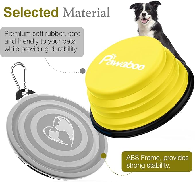 Pawaboo Collapsible Dog Bowls 2 Pack, Silicone Feeding Watering Bowls with Lids & Carabiners for Dogs Cats, Portable Water Feeder Food Bowl for Walking Traveling Home Use, 1000ml, Yellow + Black
