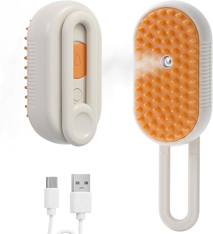 4-in-1 Cat Grooming Brush โ Water Spray & Self-Cleaning Shedding Brush for Cats & Dogs โ Pet Hair Removal & Massage Comb for Long & Short Hair (beige).