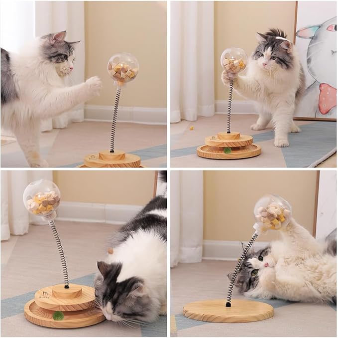 Marchul Cat Ball Toy with Treat Ball, KittenTreat Dispenser Toy with Roller Track Catnip Balls, Interactive Cat Toys Wooden for Indoor Kitten, Food Toy with Automatic Slow Feeder