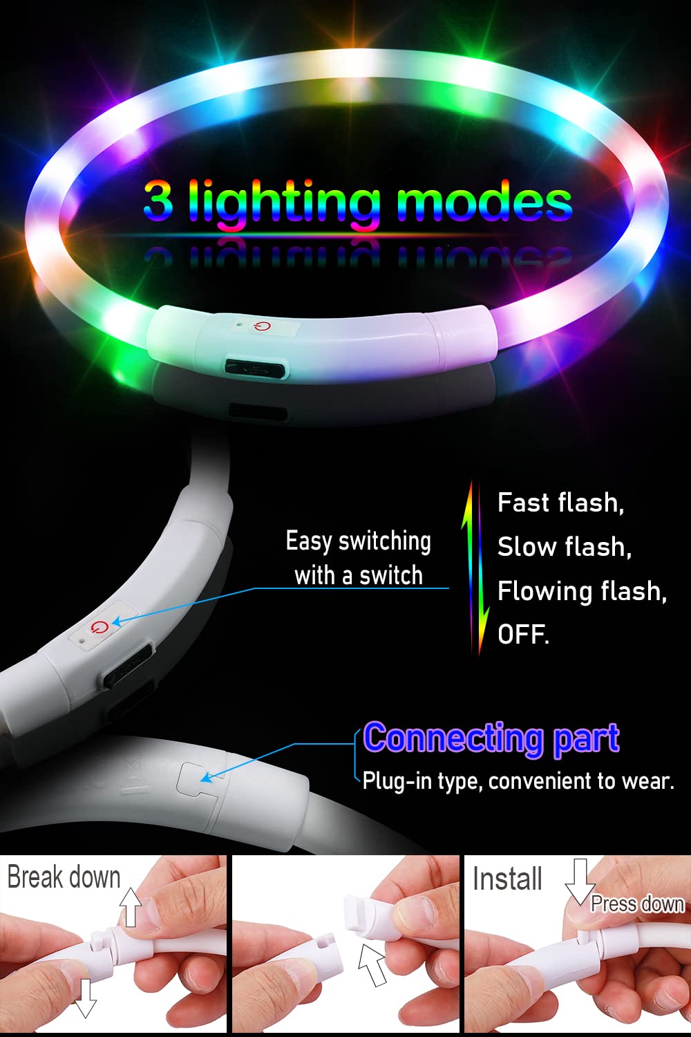 Waterproof LED Dog Collar USB Rechargeable Light Up Dog Collars Lights for Night Walking Lighted Safety Training & Behavior Aids for Small Medium to Large Dogs