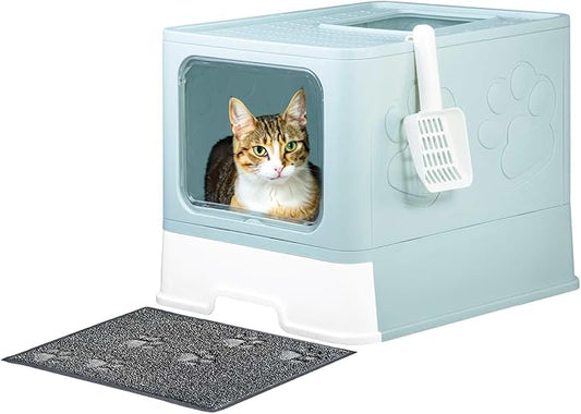 Upgrade Portable Litter Box, Top Entry Cat Box with Lid, No Leakage Kitty Box with Scoop and Mat, Easy Cleaning Cat Box Enclosure(Blue)