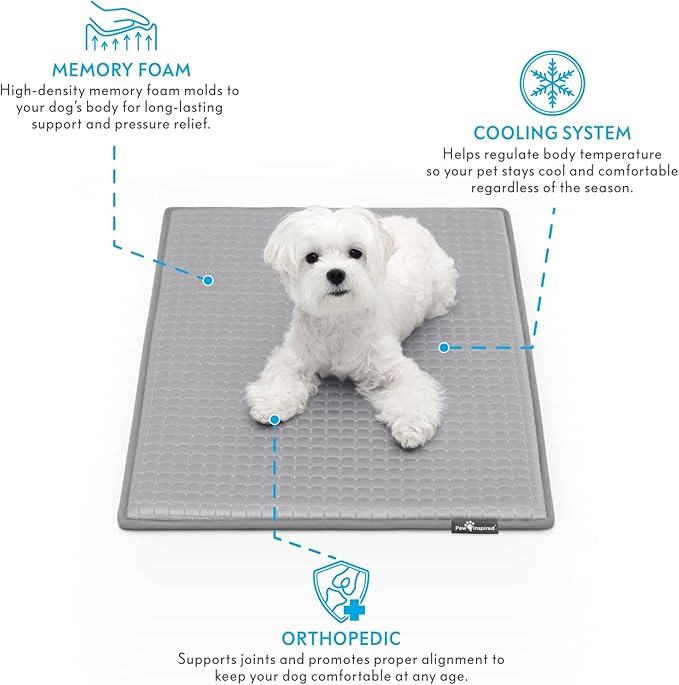 Paw Inspired Cooling Orthopedic Crate Pad for Dogs, Washable Memory Foam Dog Cooling Mat (29x18 Inch Small Size for 30 Inch Kennel, Gray)