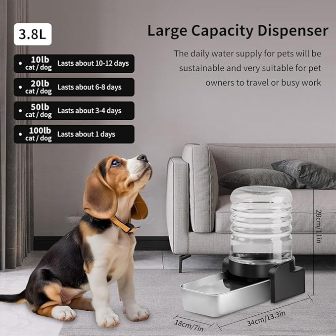 Marchul 1 Gallon Cat Water Dispenser, Automatic Gravity Dog Water Bowl Dispenser with 3 Filters, Stainless Steel Large Capacity Cat Waterer for Cats and Small Dogs (3 Filters) 3.8L