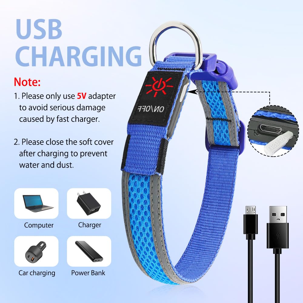 Illumifun LED Dog Collar, USB Rechargeable Light Up Collar Glow in The Dark, Reflcetive Safery Pet Light for Large Dogs Walking at Night (Large, Light Blue)