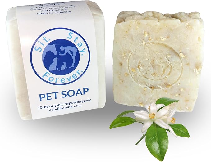 Sit Stay Forever. Vegan Organic Pet Soap/Bar Shampoo Big 7 oz bar, Hypoallergenic, Organic Oatmeal, Olive & Coconut Oils, Shea Butter, Vitamin E and Neroli Essential Oil.
