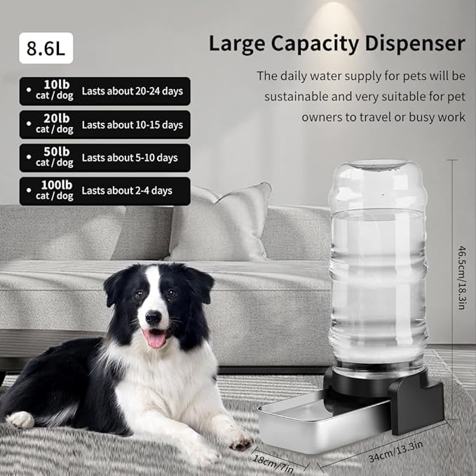 Marchul 2.3 Gallon Dog Water Dispenser, Large Dog Water Bowl Dispenser with Stainless Steel, Automatic Gravity Pet Bowl for Dogs Medium to Large (3 Filters) 8.6L