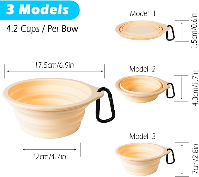 PetBonus 2-Pack Large Silicone Collapsible Dog Bowls, 34oz/1000ml BPA Free Portable Foldable Travel Bowl for Pet Cat, Food Water Feeding Dish for Camping with 2 Carabiners (Light Mint, Beige Cream)