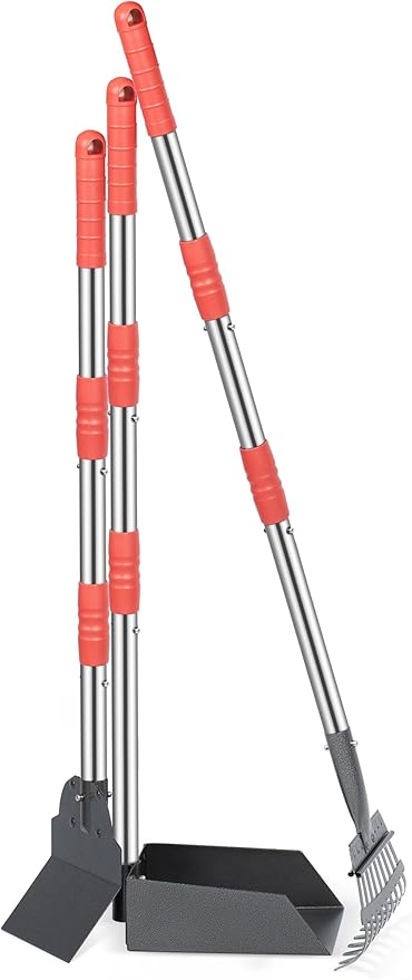 Heeyoo Dog Pooper Scooper, Dog Poop Tray and Rake Set, Pet Waste Removal Scoop with Long Adjustable Sectional Stainless Handles