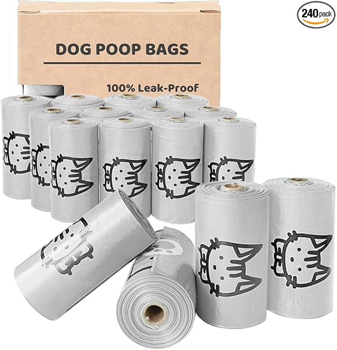 Dog Poop Bags, Extra Thick and Strong Pet Poop Bags for Dog Walking and Traveling, Premium Leak-Proof Pet Waste Bags for Small Medium Large Dogs and Cats (Grey, 240 Bags)