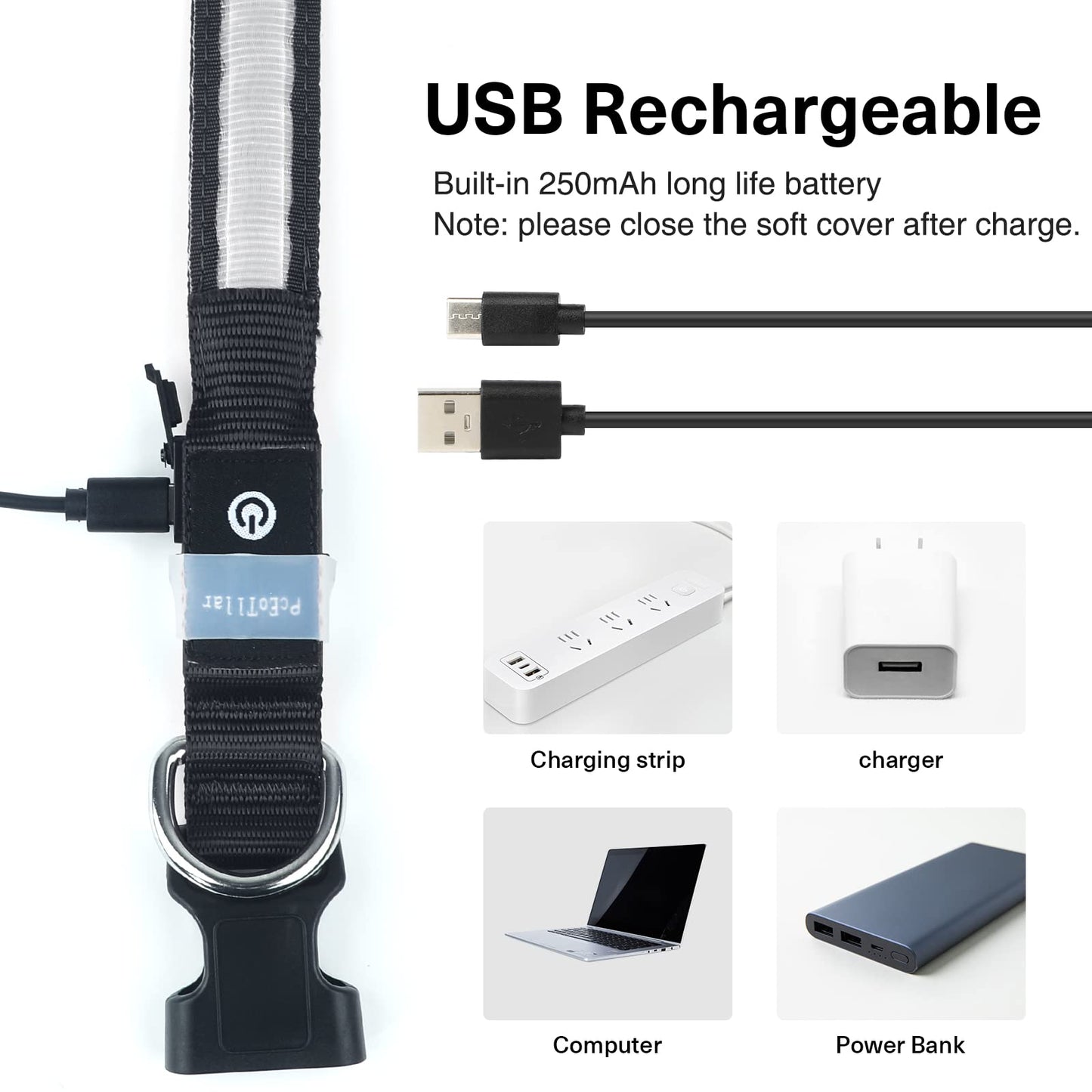 Pceotllar Rechargeable Led Dog Collar - Automatic 7-Color Changes, Water Resistant for Night Walking, Bright Glow (Black, S)