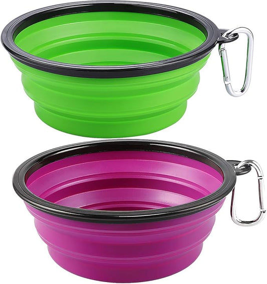 Kytely Large Collapsible Dog Bowls 2 Pack, 34oz Foldable Dog Travel Bowl, Portable Pet Water Food Bowl with Clasp, Pet Cat Feeding Cup Dish for Traveling, Walking, Hiking (Green+Purple)