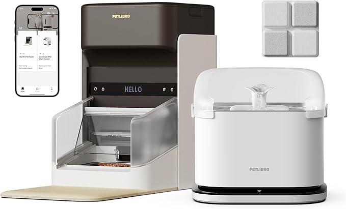 PETLIBRO Upgraded RFID Automatic Cat Feeder + Smart App Monitoring Cat Water Fountain + 6 Packs Pet Food Desiccant Bags