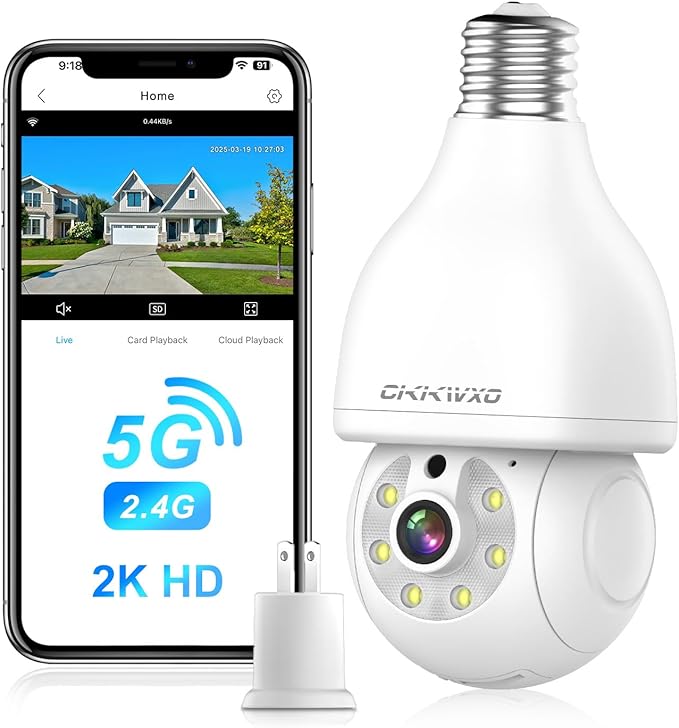 2.4&5Ghz WiFi Light Bulb Security Camera,2K Wireless Light Bulb Camera, Light Socket Security Cam with Motion Detection,Two-Way Talk,24/7 Recording,Compatible with Google Assistant & Alexa