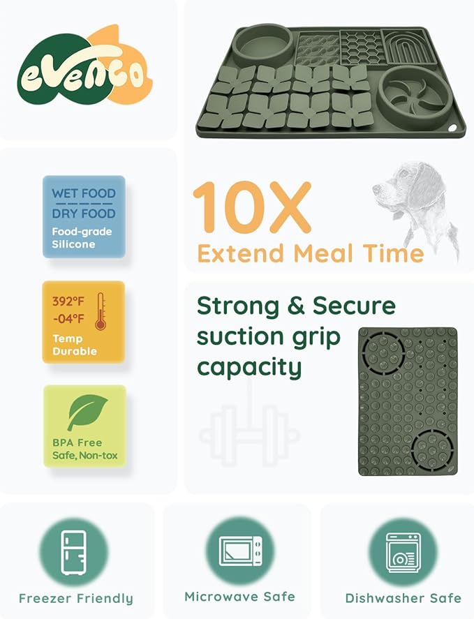 Slow Feeder Bowl, Silicone Lick Mat with Suction Cups for Dog Cat, Snuffle Mat for Pet Smell Training, Puzzle Toys for Bored Puppy, Interactive Sniff Mat for Slow Eating & Keep Busy, Dark Green