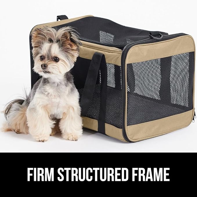 GORILLA GRIP Cat Carrier Travel Bag Up to 15 Lbs, Soft Collapsible Small Dog Carriers, Top and Side Entry Breathable Mesh, Grip Feet on Underside, Cozy Washable Waterproof Pad, Portable Kennel, Beige