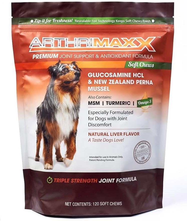 Dog Supplements for Joint Inflammation & Arthritis, Naturally Potent Dog Joint Care, Delicious Soft Chews with Turmeric, Omega 3, & Glucosamine for Dogs, Natural Liver Flavor, 120 Pc