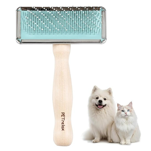 Pin Brush for Dog & Cat,Grooming Brush for Shedding, Dematting, Bath, for Long/Short Hair, Poodles, Indoor Cats, Wooden Handle, with Angled Stainless Steel Pins and Coated Tips
