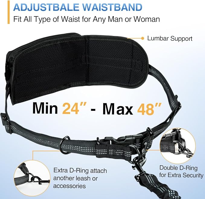 Kytely Hands Free Dog Leash with Zipper Pouch, Wide Padded Waist Dog Running Leash for Medium and Large Dogs, Dual Padded Handles, Retractable Bungee for Walking Jogging Training Hiking