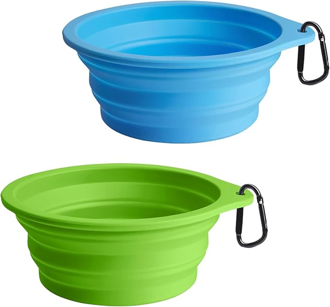 PetBonus 2-Pack Large Silicone Collapsible Dog Bowls, 34oz/1000ml BPA Free Portable Foldable Travel Bowl for Pet Cat, Food Water Feeding Dish for Camping with 2 Carabiners (Light Blue & Green)