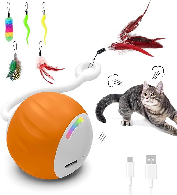Cat Toys Interactive for Indoor Cats, Touch & Sound Smart Control - Fast slow 2 Speed Motion Activated Cat Ball Toy for Bored Cats With LED Lights, Feathers Tail, USB Charging Cable, 6in1 - Orange