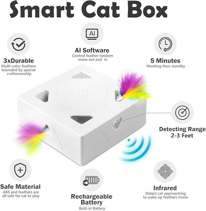 Migipaws Automatic MigiBox Cat Toys 3 n1 Interactive Pounce Mystery Under PopSkin 7 Holes Cardboard Kitten Toys for Indoor Rechargable 6 Accessories(Purple)