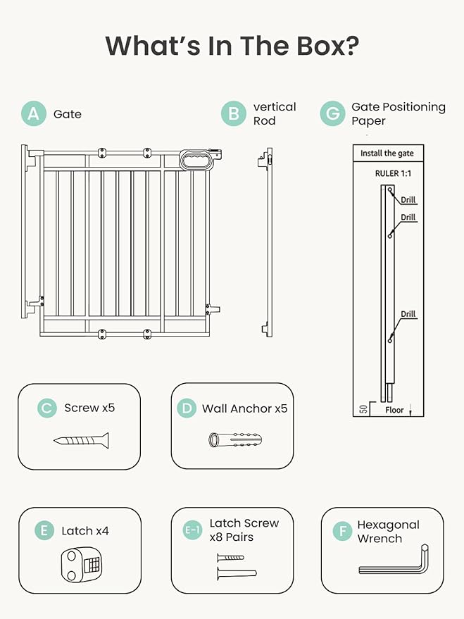 Grownsy Baby Gate for Stairs- No Bottom Bar, Adjustable Width 32โ to 48โ for Child and Pet, Dog Gate with Auto-Close & One-Hand Operation, Screw-in Installation for Doorways and Indoor Use