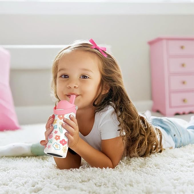 Kids Water Bottle Stainless Steel with Straw Lid, Floral Water Bottle 12oz, Travel Tumbler, Gifts for Girls, Birthday, Christmas, Back To School