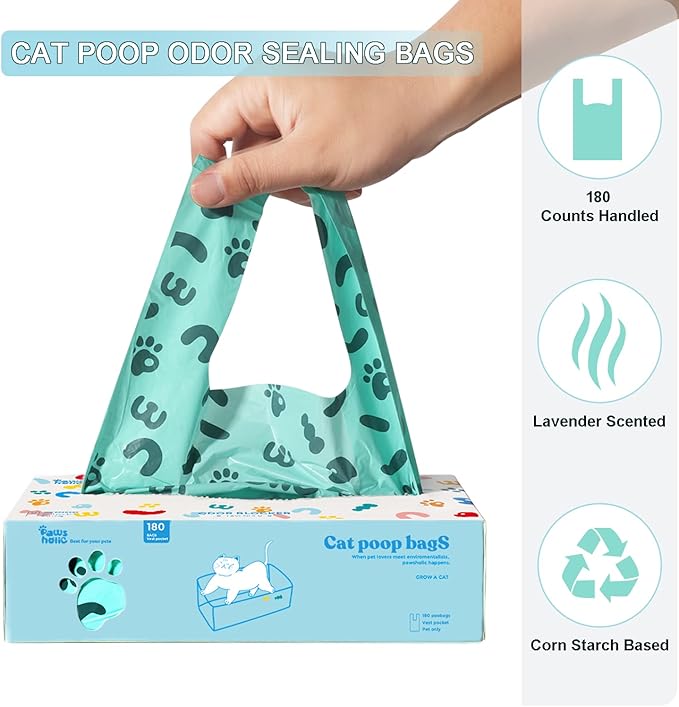 Poop Bags for Dog and Cat - Biodegradable 100% Leak-Proof Pet Waste Bags with Handle, 180 Count, Cornstarch Based Extra Thick, for Dog Poop and Cat Litter Disposal (Unscented)