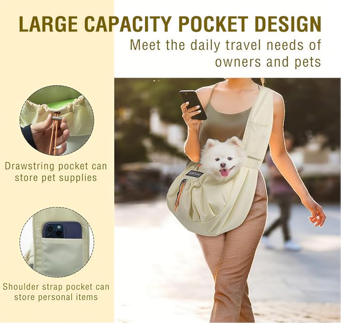 Dog Carrier Sling - Extra Wide Padded Shoulder Straps, Adjustable Hands-Free Small Dog Camier, Ergonomic Design for Travel and Daily Walks, for Small Dogs and Cats 12 lbs, (Buff)
