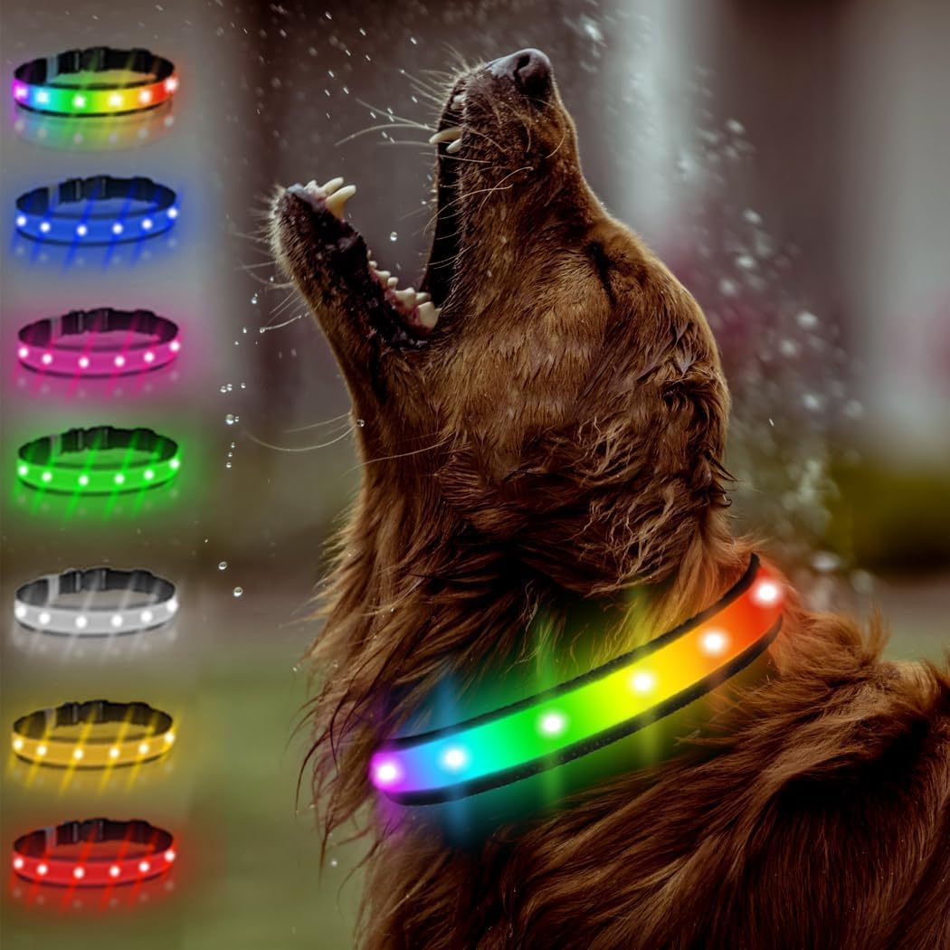 LED Dog Collar, Multicolor Light Up Dog Collar, USB Rechargeable & High-Visibility Glow in The Dark Dog Collars for Night Walks, IPX7 Waterproof, Large